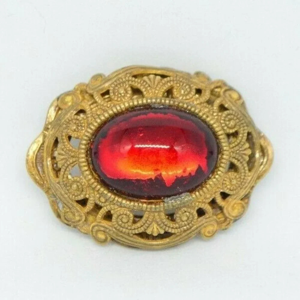 MIRIAM HASKELL Red Glass Cabochon Brooch